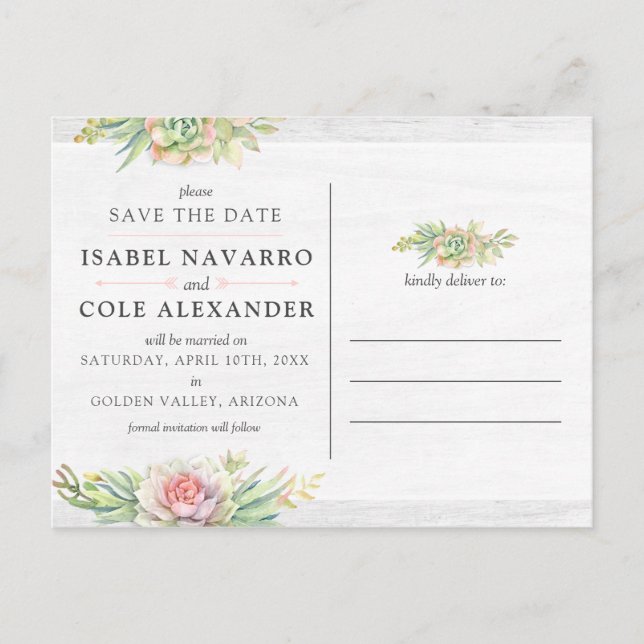 Save The Date Watercolor Succulent Photo Collage Postcard (Front)