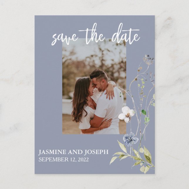 Save the Date Watercolor Wild Flowers Photo Announcement Postcard (Front)