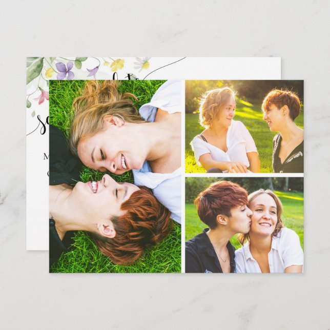 Save The Date Watercolor Wildflowers 3-Photo Postcard (Front/Back)