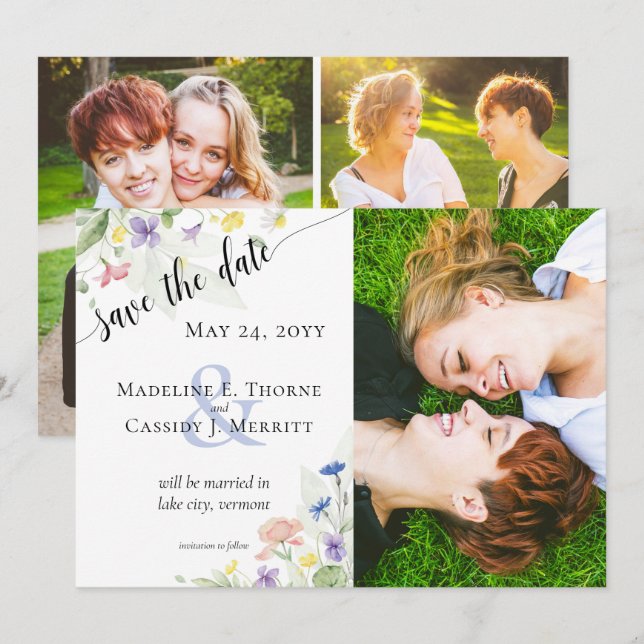 Save The Date Watercolor Wildflowers 4-Photo Invitation (Front/Back)