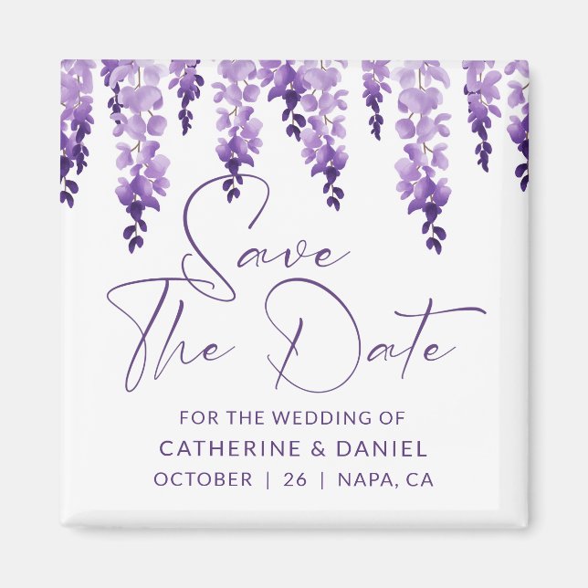 Save The Date Watercolor Wisteria Lilac Wedding Magnet (Front)