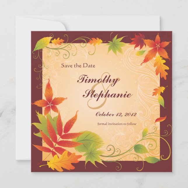 Save the Date wedding autumn leaves announcement (Front)