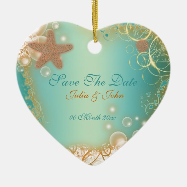 Save The Date wedding beach theme announcement Ceramic Tree Decoration (Front)