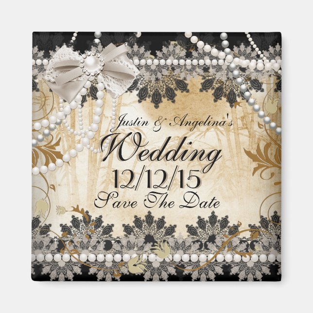 Save The Date Wedding Black Cream Beige Magnet (Front)