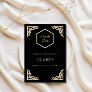 Save the Date Wedding Black Gold Hexagon Art Deco 
