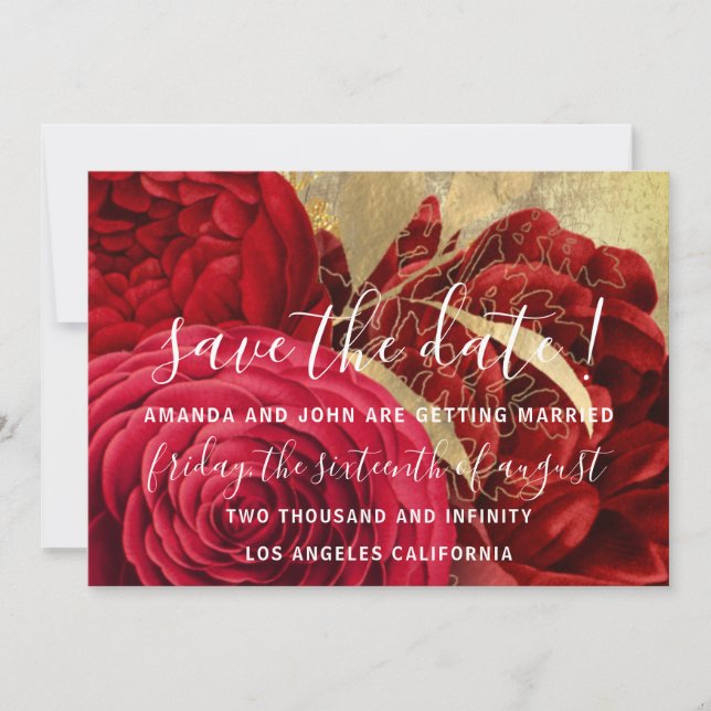 Save The Date Wedding Bride Wreath Gold Red Roses  (Front)