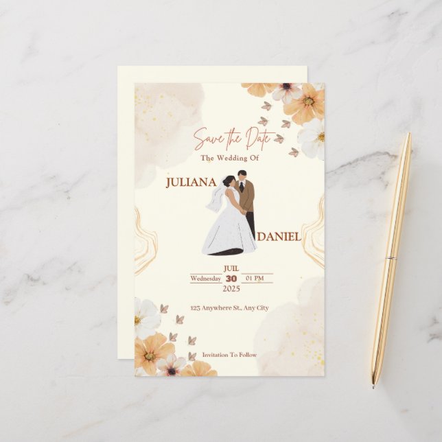 Save the Date Wedding Card–Cream Floral Design (Front/Back In Situ)