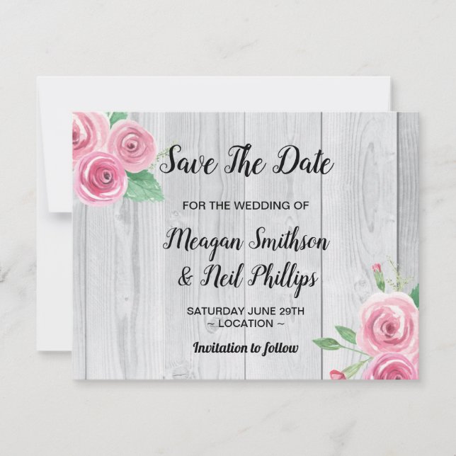 Save The Date Wedding Card Flower Pink Roses (Front)