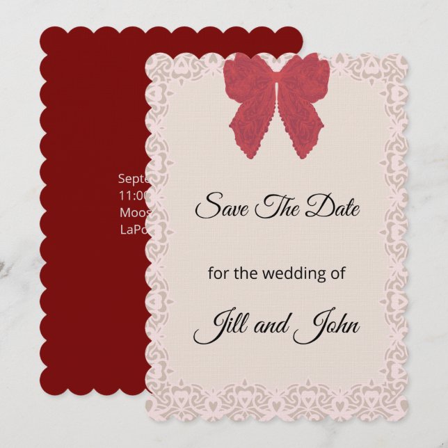 Save The Date Wedding Card Lace Bow (Front/Back)