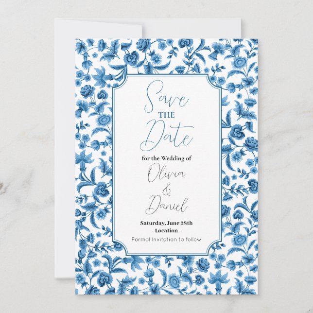 Save The Date Wedding Chintz Blue & White Floral  (Front)