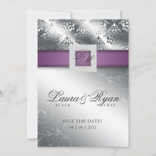 Save the Date Wedding Damask Jewel Purple Silver (Front)