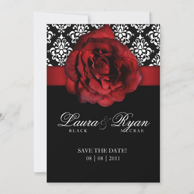 Save the Date Wedding Damask Red Rose (Front)