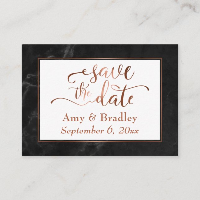 Save the Date/Wedding Details Copper, Black Marble Business Card (Front)