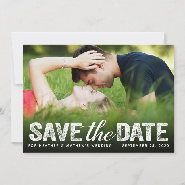 Save The Date Wedding Distressed Script Photocard Invitation (Front)