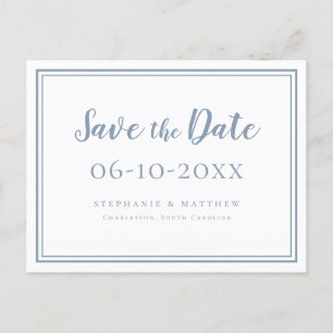Save The Date Wedding Dusty Blue White Simple Chic Announcement Postcard
