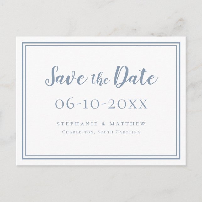 Save The Date Wedding Dusty Blue White Simple Chic Announcement Postcard (Front)