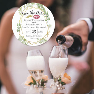 save the date wedding gold and leaf design lips round paper coaster