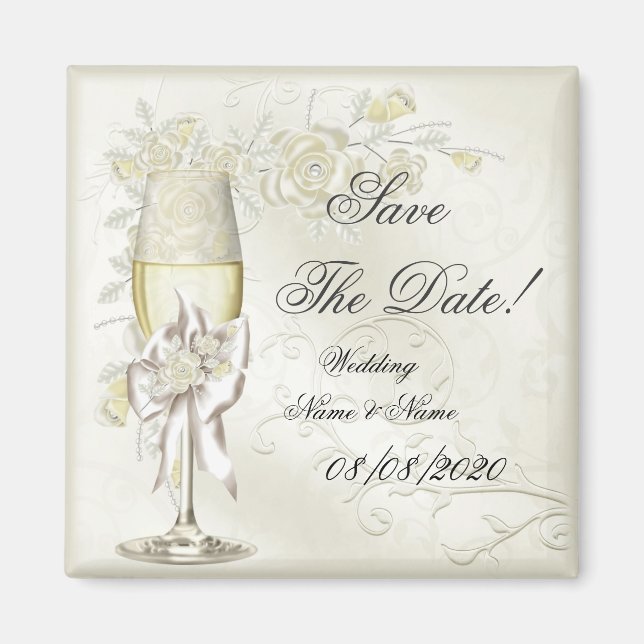 Save The Date Wedding Gold Cream Pearl Floral Rose Magnet (Front)