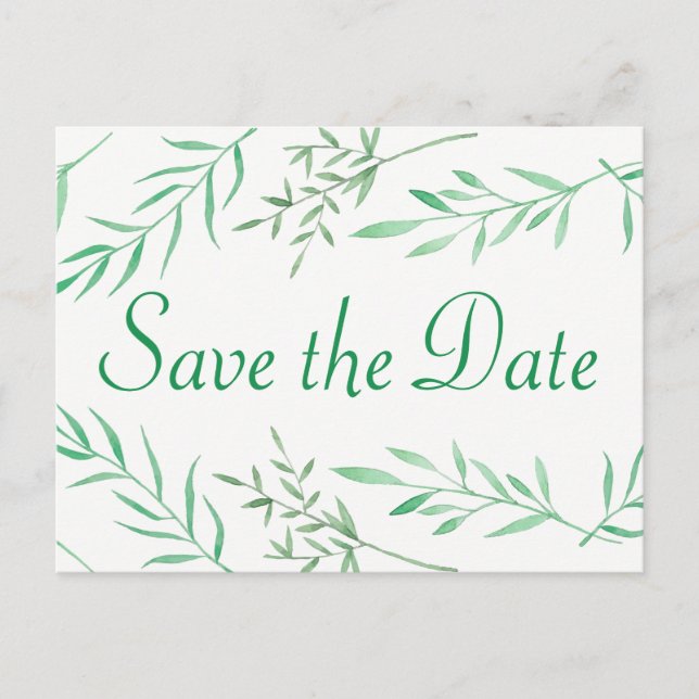 Save the Date Wedding Green Laurel Leaf Engagement Announcement Postcard (Front)