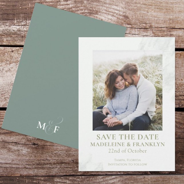 Save the Date Wedding Green Watercolor Photo Invitation (Creator Uploaded)