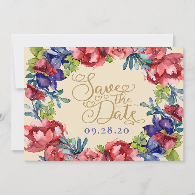 Save The Date Wedding | Happiness Floral & Script Invitation (Front)