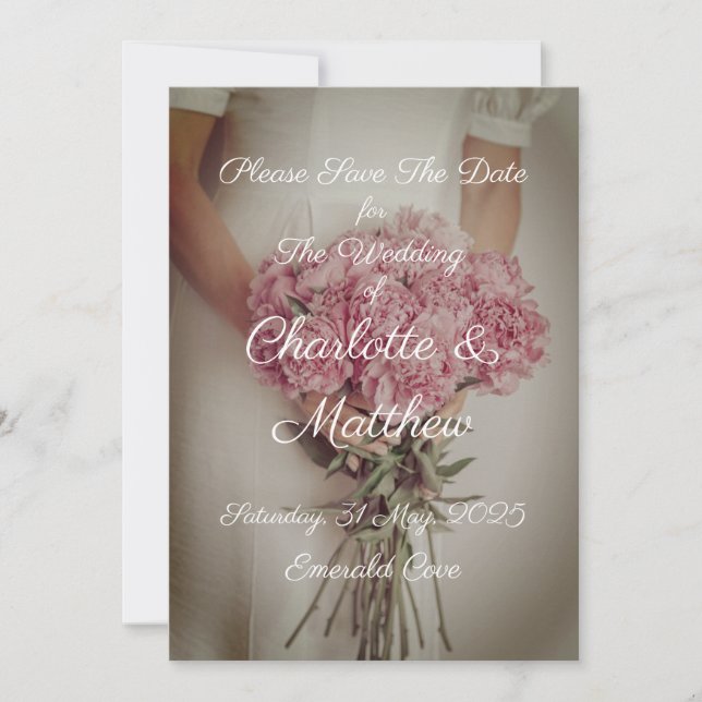 Save The Date Wedding Invitation Bride Peonies (Front)