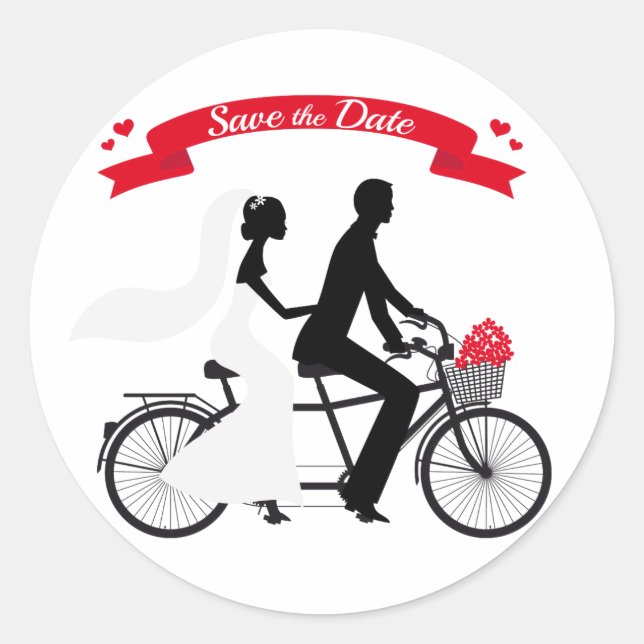 Save the date, wedding invitation tandem bicycle classic round sticker (Front)
