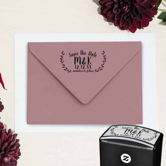 Save the Date Wedding Laurel Wreath   Self-inking Stamp (Add your initials and wedding date to this casual Save the Date self inking stamp & get stamp happy)