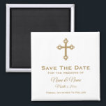 Save The Date Wedding Magnet : Religious Cross<br><div class="desc">Christian Cross personalised Save the Date wedding magnet in white with gold lettering.  Text is fully customisable.  Background colour can be changed.  Designed by Heard_.</div>