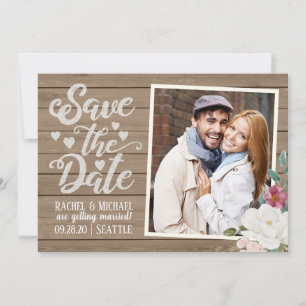 Save The Date Wedding   Photo on Wood With Flowers Invitation