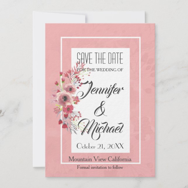 Save the Date Wedding Pink Flowers Elegant Plain (Front)