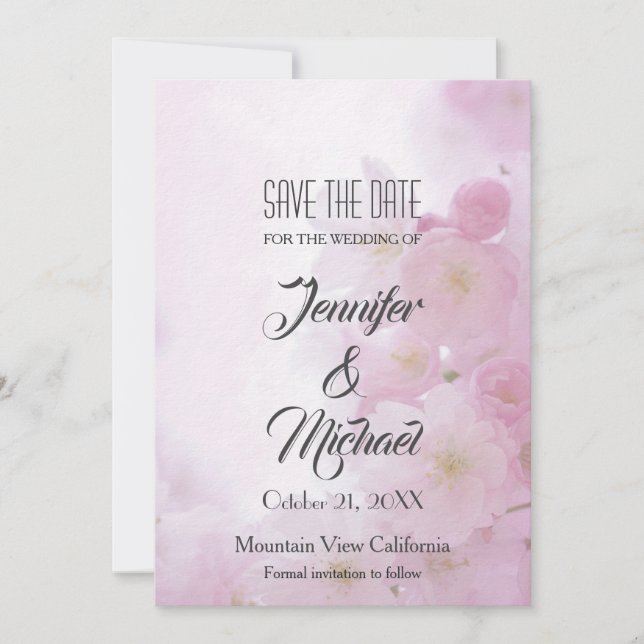 Save the Date Wedding Pink Flowers Elegant Plain (Front)