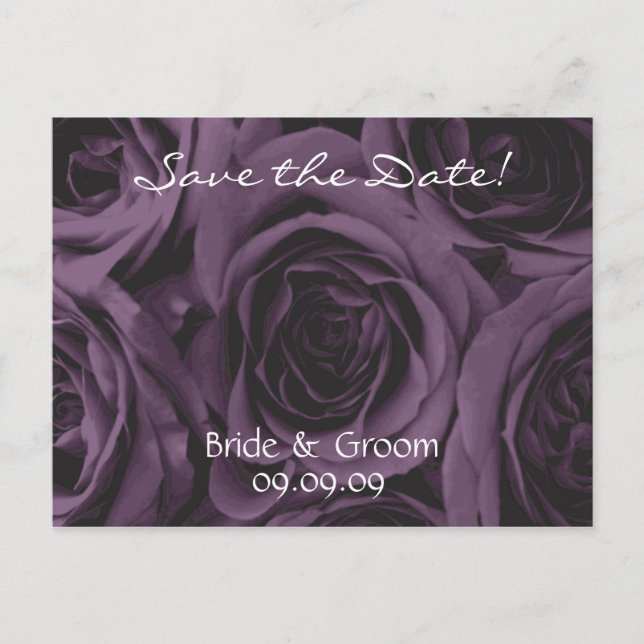 Save the Date Wedding Postcard Purple roses (Front)