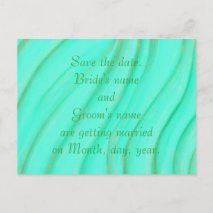 Save the date wedding postcards, green and gold announcement postcard