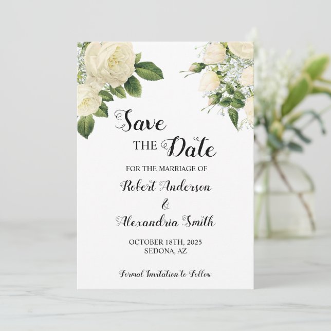 Save the Date Wedding White Flowers Invitation (Standing Front)