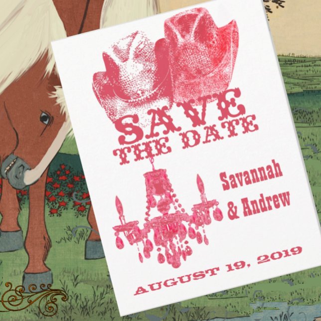 Save the Date Western Pink Cowboy Hat Chandelier Announcement Postcard (Creator Uploaded)