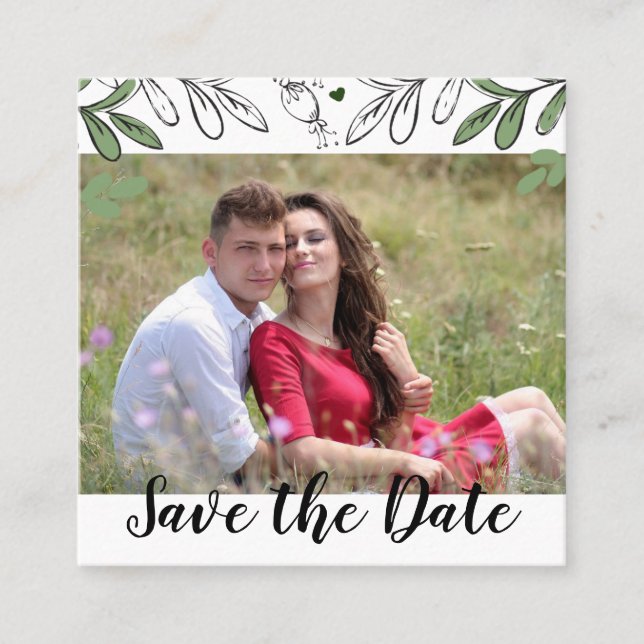 Save the Date Whimsical Hand Drawn Botanical Annou Square Business Card (Front)