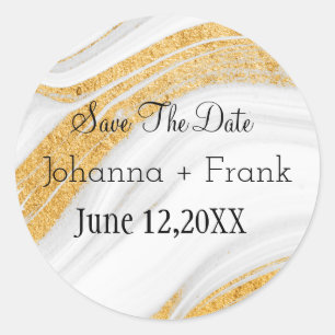 Save The Date  White and Gold Marble Classic Round Sticker