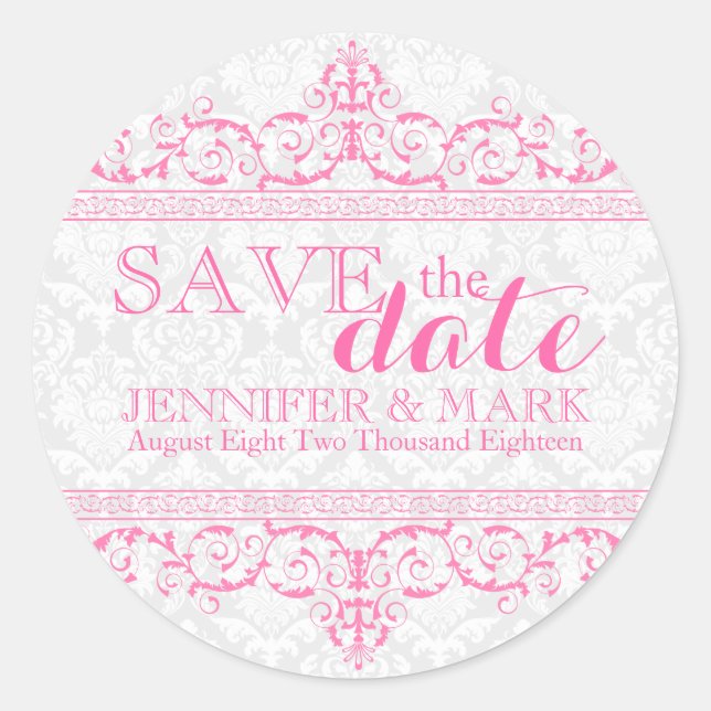 Save The Date White Damasks & Pink lace Classic Round Sticker (Front)