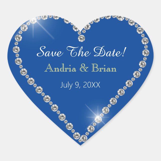 Save The Date, White Diamond Heart Names Deep Blue Sticker (Front)