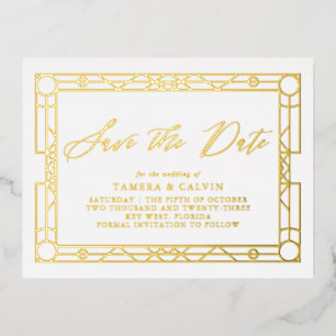 Save The Date White Elegant Gold Decorative Frame Foil Invitation Postcard