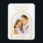 Save The Date White Gold Stylish Art Deco Wedding Magnet<br><div class="desc">Save The Date White Gold Stylish Script Art Deco Wedding Magnets features your favourite photo inside a golden arch on a white background. Personalise with your text by editing the text in the text boxes provided. Designed for you by ©Evco Studio www.zazzle.com/store/evcostudio</div>