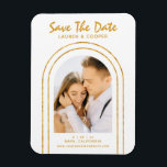 Save The Date White Gold Stylish Art Deco Wedding Magnet<br><div class="desc">Save The Date White Gold Stylish Script Art Deco Wedding Magnets features your favourite photo inside a golden arch on a white background. Personalise with your text by editing the text in the text boxes provided. Designed for you by ©Evco Studio www.zazzle.com/store/evcostudio</div>