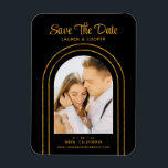 Save The Date White Gold Stylish Art Deco Wedding Magnet<br><div class="desc">Save The Date Black Gold Stylish Script Art Deco Wedding Magnets features your favourite photo inside a golden arch on a black background. Personalise with your text by editing the text in the text boxes provided. Designed for you by ©Evco Studio www.zazzle.com/store/evcostudio</div>