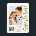 Save The Date White Gold Stylish Modern Wedding Magnet<br><div class="desc">Save The Date White Gold Stylish Script Modern Wedding Magnets features a white background with your custom photo. Personalise with your text by editing the text in the text boxes provided and add your website URL for your custom QR code. Designed for you by ©Evco Studio www.zazzle.com/store/evcostudio</div>