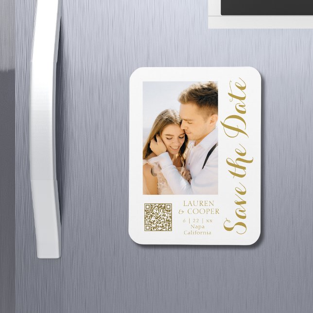 Save The Date White Gold Stylish Modern Wedding Magnet (Creator Uploaded)