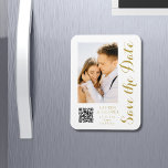 Save The Date White Gold Stylish Modern Wedding Magnet<br><div class="desc">Save The Date White Gold Stylish Script Modern Wedding Magnets features a white background with your custom photo. Personalise with your text by editing the text in the text boxes provided and add your website URL for your custom QR code. Designed for you by ©Evco Studio www.zazzle.com/store/evcostudio</div>