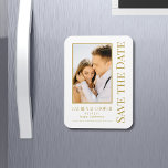 Save The Date White Gold Stylish Modern Wedding Magnet<br><div class="desc">Save The Date White Gold Stylish Script Modern Wedding Magnet features a white background with your custom photo. Personalise with your text by editing the text in the text boxes provided. Designed for you by ©Evco Studio www.zazzle.com/store/evcostudio</div>