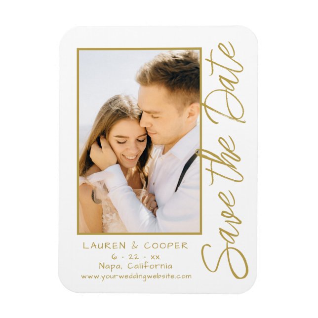 Save The Date White Gold Stylish Modern Wedding Magnet (Vertical)