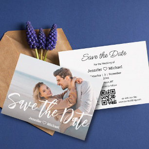 save the date white handwriting qr code photo chic card